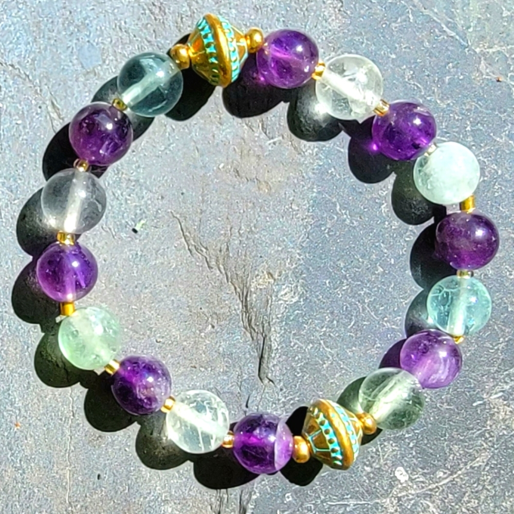 COPY - Hand Crafted  🍂  Amethyst, Quartz, & Brass Beaded Bracelet